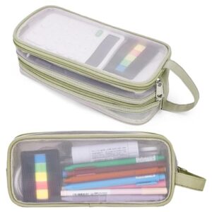Hsmihair Large Grid Mesh Pencil Case, 2 Compartment Pen Pouch with Zipper, Clear Handheld Multifunction Pen Bag for School, Office, Teen Girls Boys, Travel Organizer Transparent Makeup