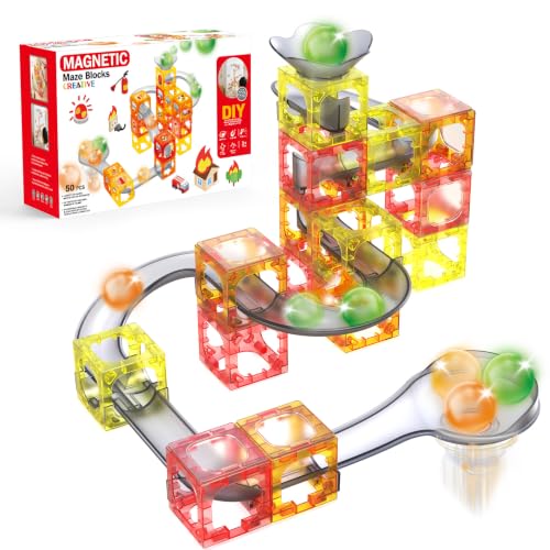 Hugeway 50Pcs Marble Run with Race Track Rolling Ball Set with Magnetic Bracks,Tiles and Marble Tracks,3-in-1 Building Blocks Kit,STEM Learning Toy Gift for Indoor Activity Boys Girls Aged 3+ Kids.
