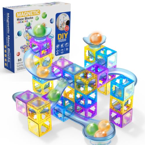 Hugeway 83Pcs Marble Run with Race Track Rolling Ball Set with Magnetic Bracks,Tiles and Marble Tracks,3-in-1 Building Blocks Kit,STEM Learning Toy Gift for Indoor Activity Boys Girls Aged 3+ Kids.