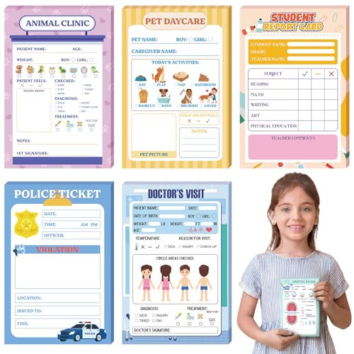 Humyoun 6 Pack Kids Pretend Play Notepads 4 x 6 Inch Variety Role Play Pads Notepads Playtime Bundle Imaginative Playtime Game Accessories, 40 Pages Each for Kids Toddlers Gifts