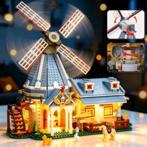 HUNKING 1,742 Pieces Farm Building Block Set with Windmill, Animals, Lights