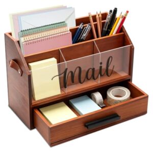 HYMENEX Wood Desk Organizer with Drawer, Bill Mail Organizer Countertop Workspace Organizers for Office Supplies Desk Organization Letter Holder