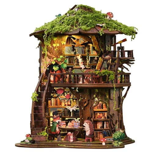 IBOHEYE 3D Wooden Puzzle Fairytale Miniature Dollhouse kit with LED Light Building Sets for Adults Magical Forest Treehouse Room Decor Gift for Craft Enthusiasts- Forest Language Tea Book