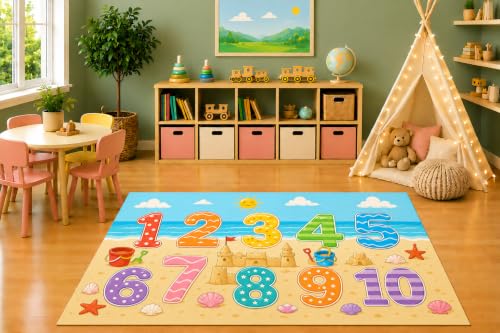 ICE ARMOR 5' x 7' Beach Numbers Learning Area Rug, Educational Counting Numbers Sandcastle Seashells Ocean Kids Playroom Classroom Bedroom Decor, Non-Slip Silicone Backing Low Pile