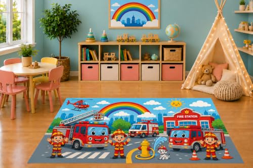 ICE ARMOR 5' x 7' Firefighter Rescue Team Area Rug, Cute Fire Trucks Fire Station Rainbow Community Helpers Kids Playroom Classroom Bedroom Decor, Non-Slip Silicone Backing Low Pile