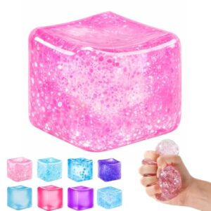 Ice Cube Squishy Fidget Toy, Slow Rise Squeeze Sensory Toy Stress Ball for Office Desk Anxiety Relief, Focus & Calm Novelty Gift for Teens- Rose Pink Glitter