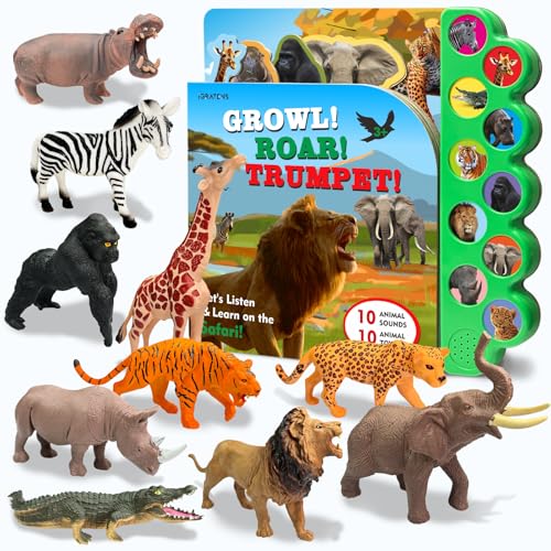 iGRATENS Safari Animals Figures Toys with Sound Books, 10PCS Realistic Jungle Animals Figures & Safari Animals Book with 10 Buttons, Zoo Animal Toys, Learning Toy for 3+ Year Old Boys, Girls, Kids
