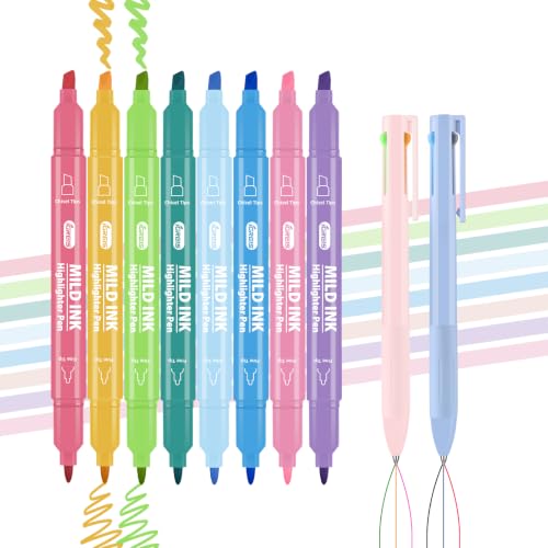 IGreis 10 Pcs Aesthetic Highlighters and Gel Pens Set - 8 Colors Dual Tip Pastel Highlighters (Chisel & Fine Tips) & 2 Pcs 3-in-1 Multicolor Gel Pens for Journaling, School Supplies, Textbooks