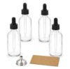 IMED SCIENTIFIC 4 Pack 2oz Clear Glass Dropper Bottles with Stainless Steel Funnel and 4 Labels, 60ml Refillable Tincture Leakproof Bottles for Essential Oils, Serums, Travel and DIY Blends