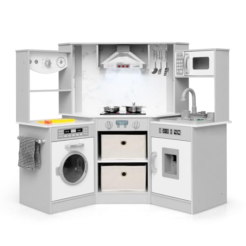 INFANS Kids Kitchen Playset with Real Running Water, Ultimate Wooden Corner Pretend Cooking Set with Simulation Light Sound Stove Storage Cabinet, Play Toy Gift