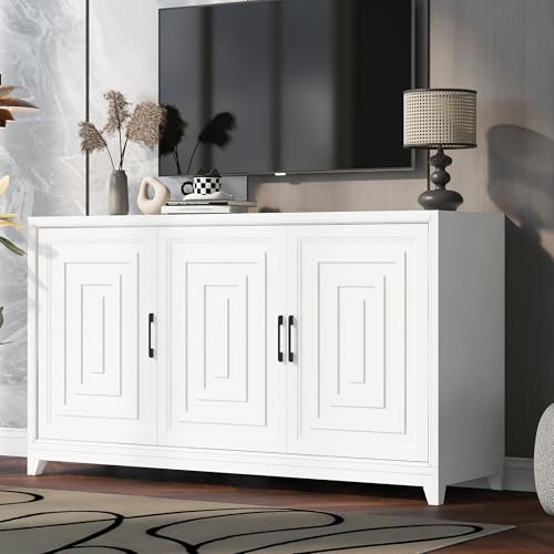 InfraHHZQ Vibe Haus TV Stand for 65 Inch TV, Modern Entertainment Center Media Console Cabinet with 2 Large Storage Cabinets, Adjustable Shelves & Solid Wood Legs, White for Living Room Bedroom