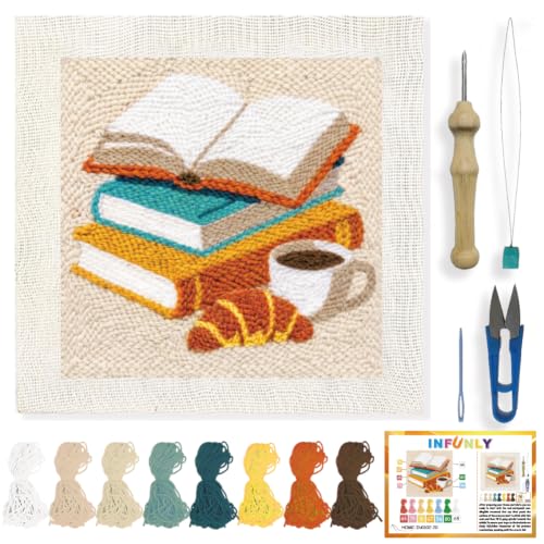 INFUNLY Books Punch Needle Kit Afternoon Tea Punch Embroidery Kit for Adults Beginners DIY Needlepoint Starter Kit with Embroidery Frame Yarn Instruction Home Decor Gift 9.4x9.4 Inch