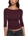 INLYRIC Women's Boat Neck 3/4 Length Sleeve Tops Burgundy Purple X-Small