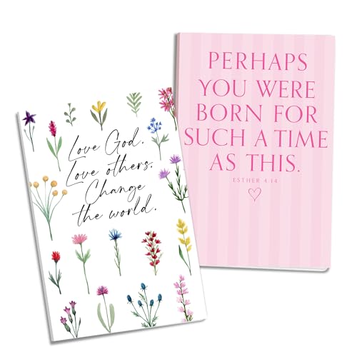 Inspirational Journal Set of 2 – 8.5 x 5.5 Inch Paperback Notebooks Watercolor Floral & Pink Stripes Faith Designs – Esther 4:14 Scripture Quote Journals for Bible Study, Note-Taking & Gifting