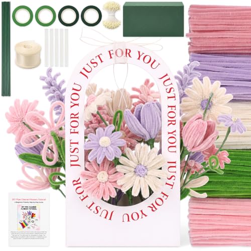 Irenare Pipe Cleaner Flower Kit, 500 Pipe Cleaners Craft with 3 Portable Display Boxes, 5 Colors Chenille Stems, Stamen, Floral Foam, Tape and Ribbon for DIY Bouquet, Art and Craft Supplies