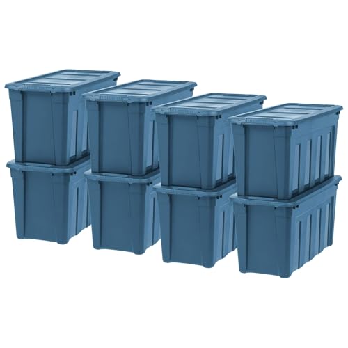 IRIS USA 31 Gallon Eco-Friendly Heavy Duty Storage Totes with Easy-Grip Handles, 8 Pack - Large Bins with Lids Garage Organizing Tubs, Durable Stackable Utility Containers, Made in USA - Navy
