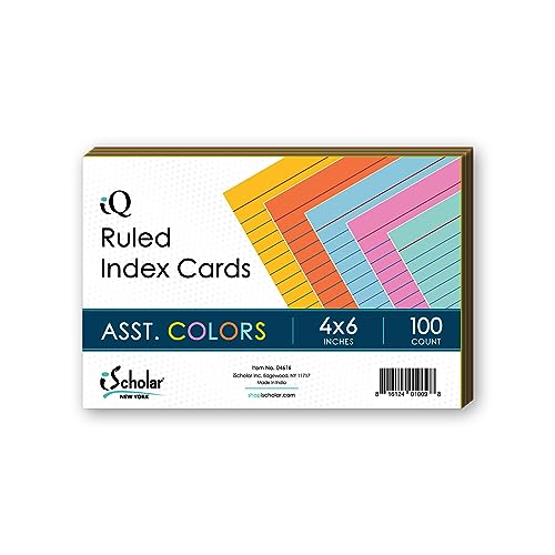 iScholar Index Cards, Assorted Colored, Ruled, 4 x 6 Inches, 100 Card Pack (04616)