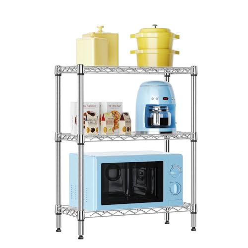 IZEUK 3 Tier Heavy Duty Steel Storage Shelves, Metal Shelf Wire Shelving Rack for Pantry, Kitchen, Cloakroom or Office Organization (11.8" D x 25.6" W x 31.5" H, 750LBS, Chrome)