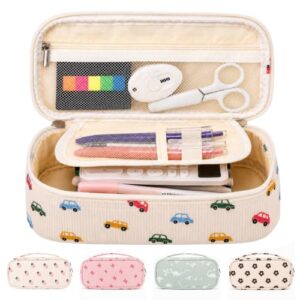 JAESITETER Big Capacity Pencil case,Soft Corduroy Pencil Bag,Cute Pen Case with Handle,5 Compartments, Wide Opening Pen Pouch Organizer for Teen Girls Women (Colorful Car)