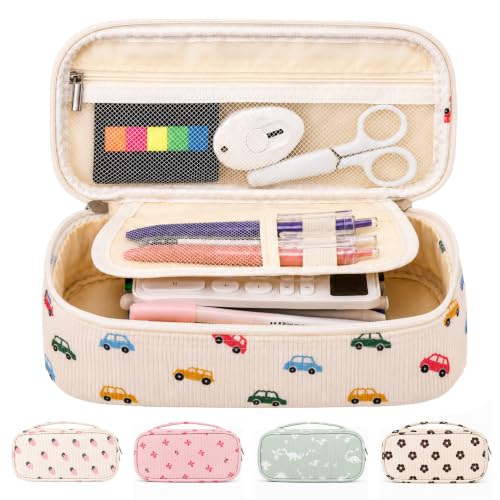 JAESITETER Big Capacity Pencil case,Soft Corduroy Pencil Bag,Cute Pen Case with Handle,5 Compartments, Wide Opening Pen Pouch Organizer for Teen Girls Women (Colorful Car)