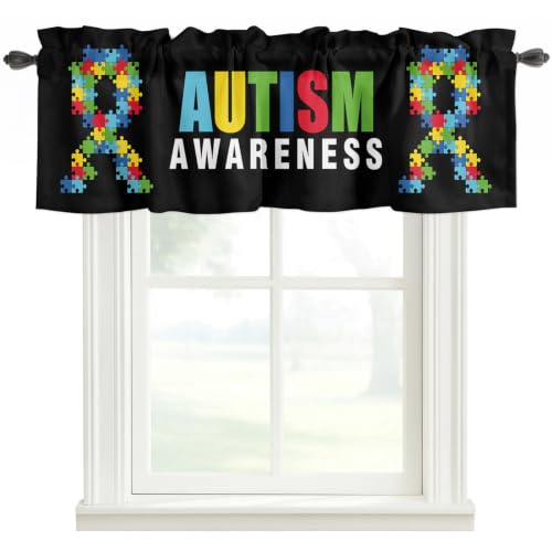 JasmineM Valance Curtains for Windows Abstract Retro Kitchen Valance for Windows Autism Awareness Jigsaw Blocks Pieces Rod Pocket Short Window Treatment Drapes for Living Room Bedroom 60x18in