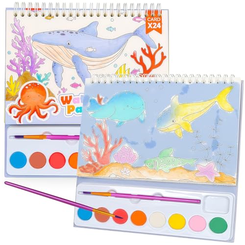 JCREN Paint with Water Books for Kids, Watercolor Coloring Book Mess Free Watercolor Painting Set, Arts and Crafts Water Color Paint Kit Birthday Gifts for Kids Toddlers 3-5 Boys Girls(Sea)
