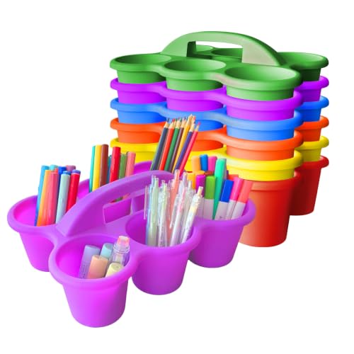 JEChrochen 6 Pack Classroom Caddy Organizer with Handle Multicolor Plastic Table Caddy 6 Compartments Storage Cup Holder for School Supplies Art Crafts Crayons Pencils Stackable Desk Caddy for Office