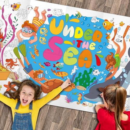 JellyPanda Under The Sea Large Coloring Tablecloth for Kids Underwater Ocean World Coloring Poster Sea Animals Pages Turtle Shark Sheets Summer Paper for Classroom Home School Party 71 * 23.6 in