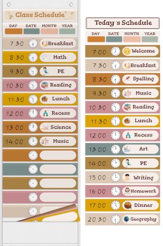 Jercecy 15+1 Pockets Daily Schedule Pocket Chart with 24 Double Sided Cards, Visual Classroom Schedule Pocket Chart, School Teachers Supplies for Classroom, Boho White