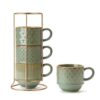 JIEMEI HOME Large Ceramic Coffee Mug Set of 4 with Stand, 15 Oz Stackable Embossment Ribbed Latte Cup Set for Cappuccino, Latte, Tea, Hot Cocoa, Drinks - Dishwasher & Microwave Safe, Vintage Turquoise