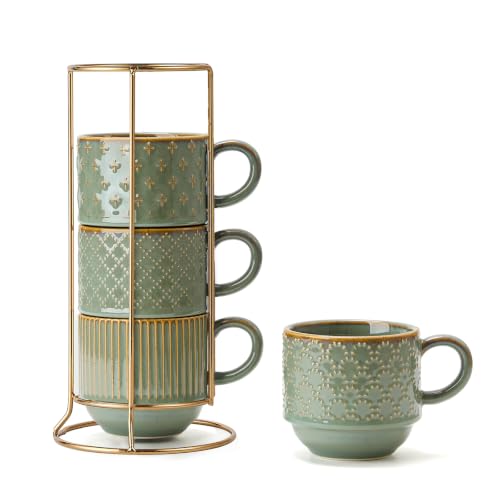 JIEMEI HOME Large Ceramic Coffee Mug Set of 4 with Stand, 15 Oz Stackable Embossment Ribbed Latte Cup Set for Cappuccino, Latte, Tea, Hot Cocoa, Drinks - Dishwasher & Microwave Safe, Vintage Turquoise