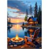 Jigsaw Puzzle 1000 Piece for Adults, Lakeside Cabin Sunset Bonfire Forest Scenery Art, Number Marked On Back, Home Wall Decor, Holiday Birthday Party Toy