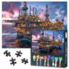 Jigsaw Puzzle 1000 Pieces for Adults Offshore Oil Rig Silhouette at Dramatic Sunset Industrial Seascape Petroleum Equipment Wall Art 27.5x19.7 Inch