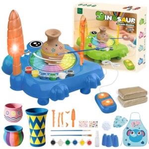 JIMI Kids Pottery Wheel Kit - Clay Toy Arts and Crafts for Kids Ages 4-8, Kids Pottery Studio with Foot Pedal & Apron, Air Dry Clay Pottery Craft Kit Gift for Girls Boys Age 3+, Dinosaur