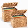 Jingmore 2 Pack Water Hyacinth File Storage Box with Scalloped Lid Collapsible Letter Size Hanging Filing Organizer Basket for Home, Woven Decorative Document Storage Box