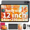 JJGJ Android 16 Tablet with Keyboard - 12 Inch Tablets, Pink Case
