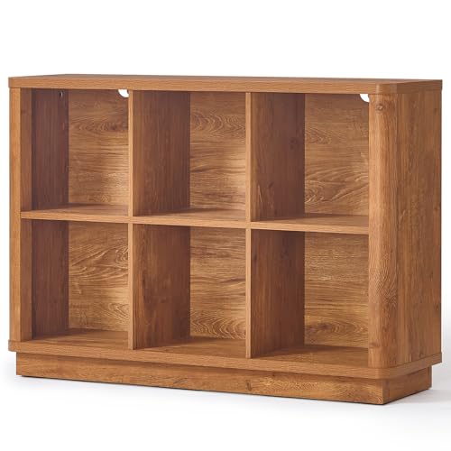 Joaxswe 6 Cube Storage Book Shelf, 40" Wide Low Horizontal Bookcase with Curved Edge, Floor Standing 2-Tier Wooden Bookshelf with Base, Modern Short Book Case for Bedroom, Study, Entryway, Brown