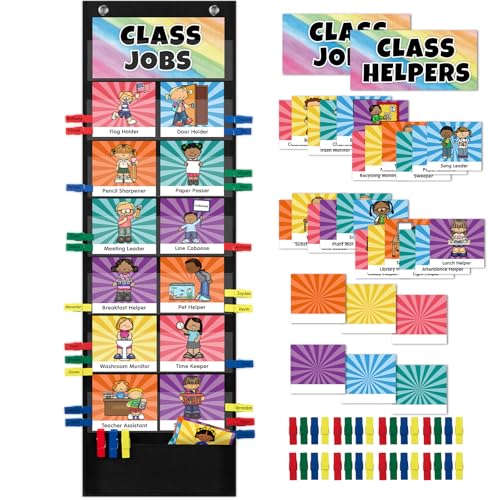 Jobs Pocket Chart with 47 Cards for Classroom, Class Management Helpers Black Chart for Preschool Elementary Homeschool, Teachers Must Haves Educational Supplies for Students