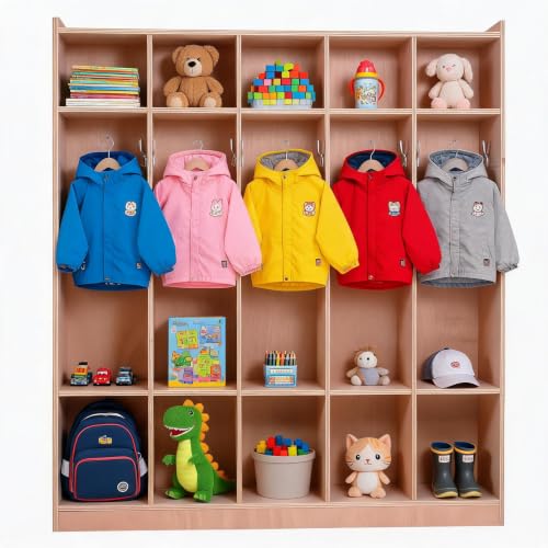 Jojoka Learning Space Coat Locker Cubby Organizer, 5-Section Mobile Storage Cabinet - 20 Cubbies (5 Large + 15 Small), 5 Hooks, 2 Storage Bins, 4 Casters, Anti-Tip - USA Spec, CL-009 Five Large