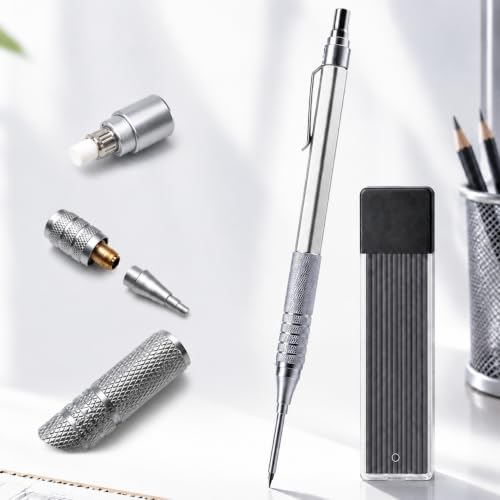 JOMPENS Carpenter Pencil, Metal Mechanical Deep Hole Marker with Built-In Eraser, 2.0mm HB Strong Lead and 9 Refills, 42mm Long Nib with Metal Mesh Grip for Woodworking Construction and Architects