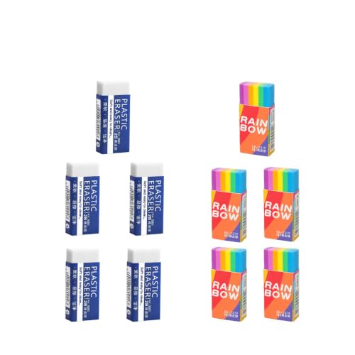 JOMPENS Erasers Set, 10 Pack Rectangular Pencil Erasers, 5 White and 5 Rainbow Erasers, Precision Pencil Erasers for Drawing Sketching Correction School Supplies and Office Supplies