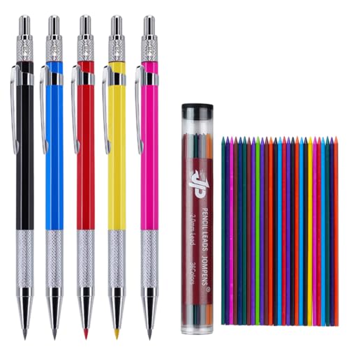 JOMPENS Mechanical Pencil Set,5 Metal Mechanical Pencils and 36 Colored Lead Refills, Metal Anti-Slip Grip, Built-in Sharpener,Drafting Pencil Kit for Students Artists Engineers Architects