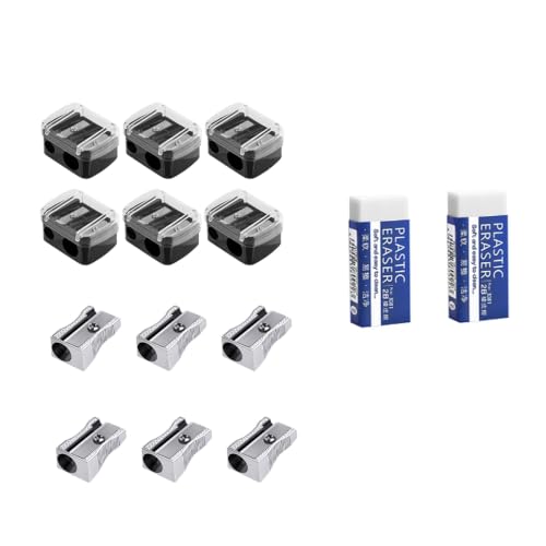 JOMPENS Pencil Sharpeners, 12 Pack Manual Pencil Sharpener Set with 6 Black and 6 Silver Sharpeners, 2 Erasers, Portable Pencil Cutters for School Drawing Classroom and Office Supplies