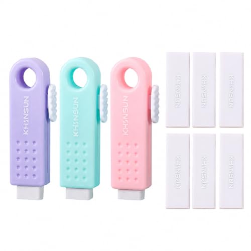 JOMPENS Retractable Eraser Set, 3 Pack Push Pull Large Pencil Erasers with 6 Replacement Erasers, Soft Cute Erasers with Protective Case for Clean Corrections Drawing Sketching School Supplies