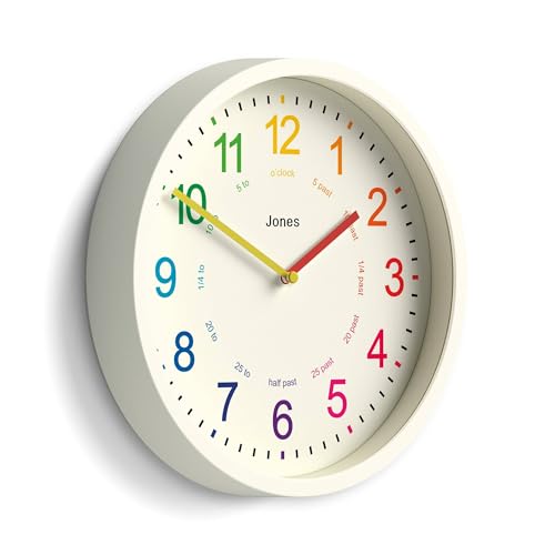 JONES CLOCKS® Kids Wall Clock | Small Modern Children’s Clock | 10 inch | Pale Cream | Colourful Numbers | Learn to Tell The time