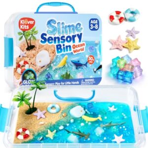 JOVA Klever Kits Ocean Slime Sensory Bin for Kids with Glow in The Dark Stones, Sand Squishy Making Kit with Sea Animals, Gifts for Kids Age 3-8