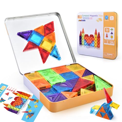 JoxSaxin 56PCS Mini Magnetic Tiles, Portable Magnetic Toy Travel Set for Kids, Includes Iron Storage Box, Puzzle Toy for Boys and Girls Ages 3+, Creative Building Toy Set, Holiday