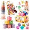 JoyCat Baby Toys 6-12 Months, Montessori Sensory Baby Toy Set with Stacking Cups, Soft Blocks, Tissue Box Toy, Spinner Toys, Sensory Balls, Cloth Book, Infant Learning Toys, Baby Shower Gift