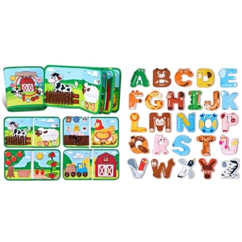 JoyCat Farm Animal Busy Book for Toddlers Montessori Busy Board for 1 2 3 4 Year Old Boy Girl Birthday Gift + Magnetic Letters, Alphabet ABC Fridge Magnets, 26 Uppercase Refrigerator Magnets