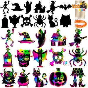 JOYIN 120 Pcs Halloween Rainbow Scratch Art Crafts for Kid, Halloween Party Favors, Scratch Off Paper with 18 Designs for Party Supplies, Classroom Activities Game Goodies Gifts
